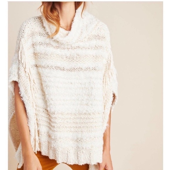 Anthropologie Marilyn Poncho Sweater Ivory White Fringe Mock Neck Size XS  / S - Picture 1 of 16